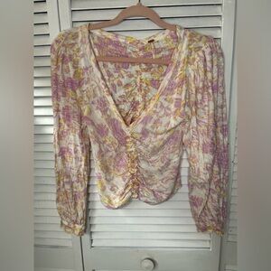 Free People Ruched V-Neck Floral Blouse - Pink & Yellow Size XS